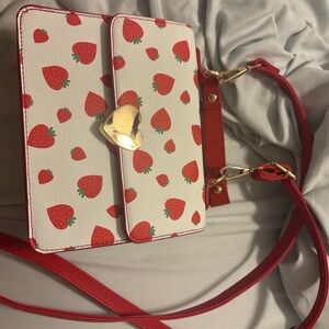 Strawberry Print Crossbody Bag with Heart Clasp - Red & White